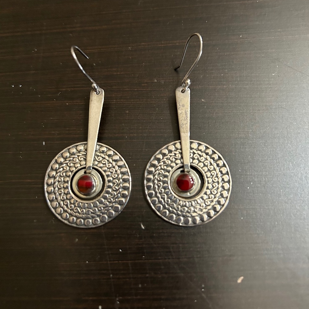 Silver drop disc earrings